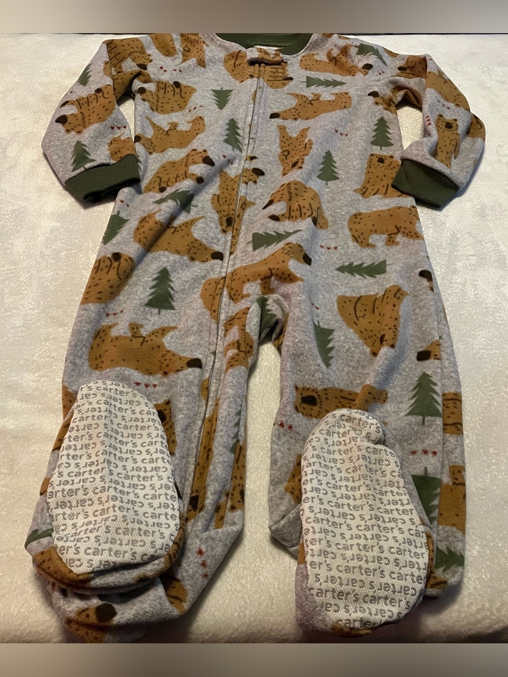 Carter's Gray Fleece Bear Print Footed One-Piece with Olive Trim